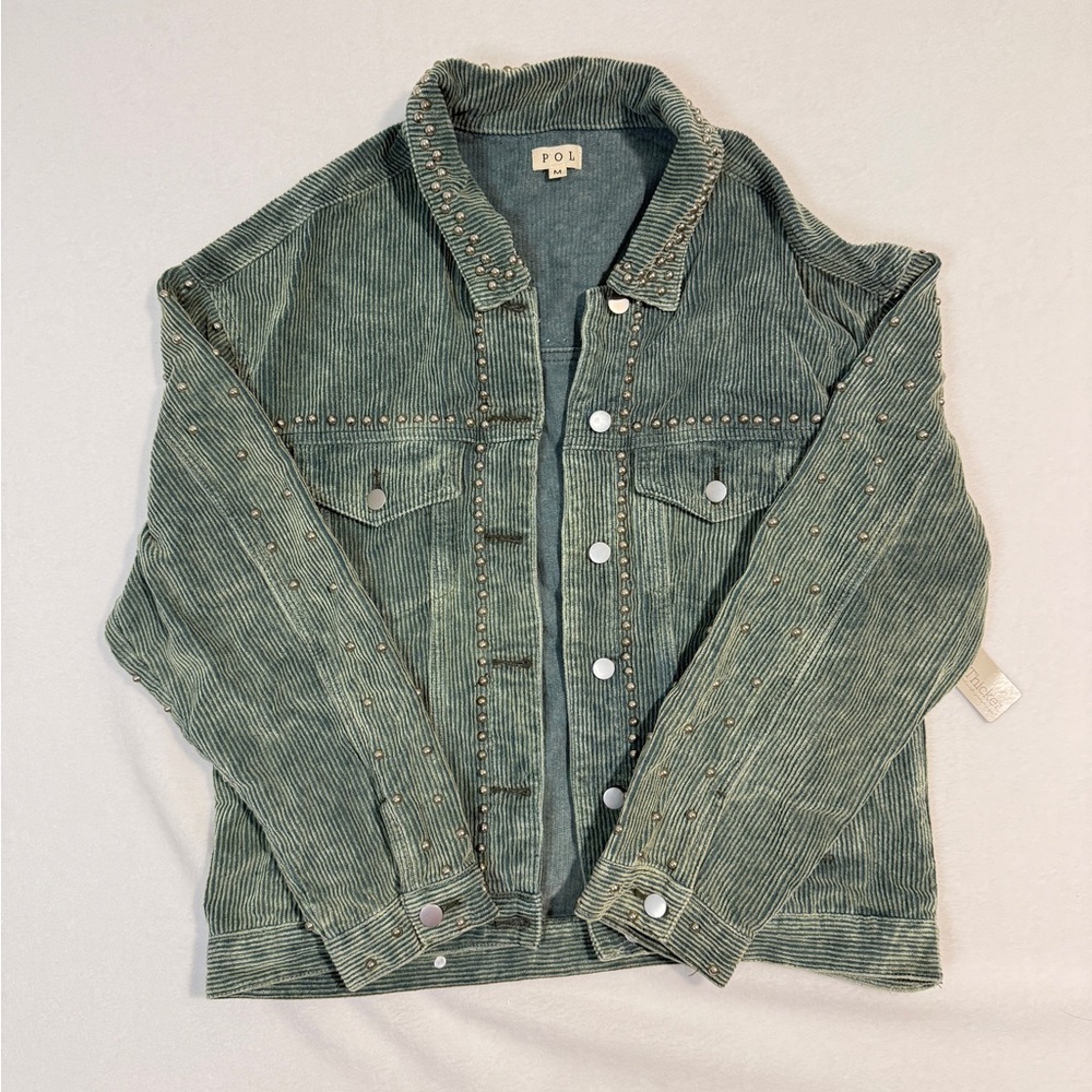 POL Green Corduroy Shacket | Studded Detail | Size M